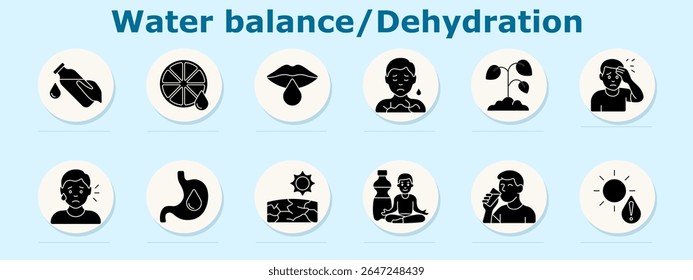 Water balance and dehydration set icon. Depicts bottle, citrus, lips, sweating person, wilted plant, headache, upset face, stomach, cracked ground, meditation, drinking, sun warning