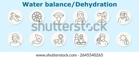 Water balance and dehydration set icon. Depicts bottle, citrus, lips, sweating person, wilted plant, headache, upset face, stomach, cracked ground, meditation, drinking, sun warning