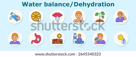 Water balance and dehydration set icon. Depicts bottle, citrus, lips, sweating person, wilted plant, headache, upset face, stomach, cracked ground, meditation, drinking, sun warning
