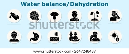Water balance and dehydration set icon. Depicts bottle, citrus, lips, sweating person, wilted plant, headache, upset face, stomach, cracked ground, meditation, drinking, sun warning