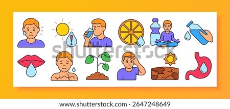 Water balance and dehydration set icon. Shows sun, drinking, warning drop, citrus, yoga, dry lips, pain face, wilting plant, dry ground, stomach fluid, head discomfort