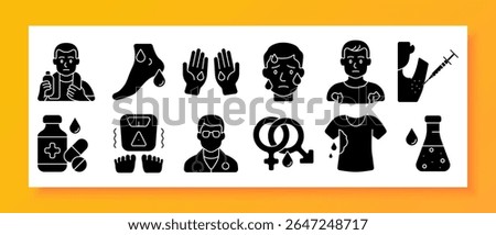 Water balance and dehydration set icon. Shows sun, drinking, warning drop, citrus, yoga, dry lips, pain face, wilting plant, dry ground, stomach fluid, head discomfort