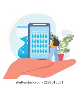 Equilibrio de agua fondo plano con composición de la mano humana sujetando el smartphone con gotas de agua en la ilustración del vector de pantalla