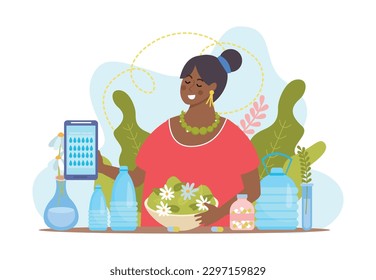 Water balance flat composition of female character with flowers and pills holding smartphone with drop icons vector illustration