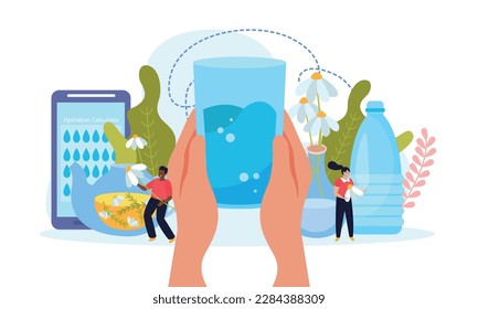 Water balance flat composition with hands holding glass of water smartphone app and jars with flowers vector illustration