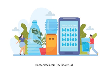 Equilibrio de agua composición plana con caracteres humanos iconos del refrigerador de agua con ilustración vectorial de la aplicación de la botella y el smartphone
