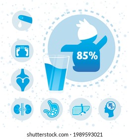 water balance in human body organs poster with child silhouette drinking water benefit infographic portrait vector illustration