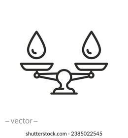 water balance icon, water drops on scales concept, thin line symbol - vector illustration