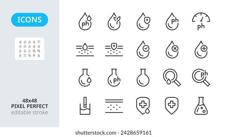 Water balance icons. Test for measuring ph. Paraben free. Safe for skin. Hypoallergenic organic product. Set line icons on white isolated background. Pixel perfect, editable stroke.