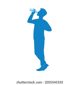 Water balance importance for healthy lifestyle picture. Blue person silhouette drinking water from bottle, flat cartoon vector illustration isolated white background