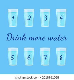 Water balance infographics. Drink more water lettering. 8 glasses every day. Vector concept illustration.