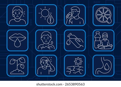 Ícone do conjunto de balanceamento de água. Rosto desidratado, insolação, vidro de água, hidratação cítrica, lábios secos, tórax seco, garrafa derramando, ioga com bebida, planta murcha, calor na testa, solo rachado, digestão seca.