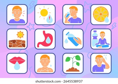Water balance set icon. Dehydration, dry skin, sun, thirst, juice, yoga, digestion, cracked earth, lips, tiredness, hydration, water intake, body wellness, plant growth.