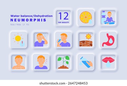 Water balance set icon. Dehydration symptoms, dry skin, sweating, thirst, heatstroke, digestion, water intake, nutrition, dry soil, lips, meditation, hydration, plants, fatigue.