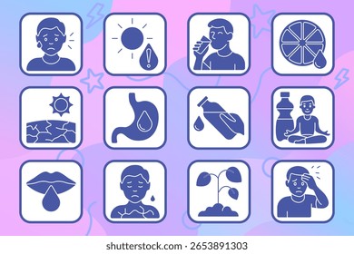 Ícone do conjunto de balanceamento de água. Desidratação, sede, sol quente, pele seca, digestão, suco, garrafa, lábios, fadiga, secura de estômago, ioga, planta murcha.