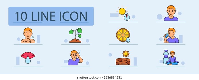 Water balance set icon. Sweaty chest, hot sun, alert drop, dehydrated man, orange slice, drinking man, dry lips, plant, headache, cracked ground, bottle and meditation