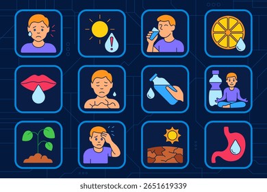 Water balance set icon. Tired man, sun dehydration, water drinking, citrus hydration, dry lips, chest dryness, hand pouring, yoga bottles, wilted plant, hot forehead, cracked soil, dry stomach.