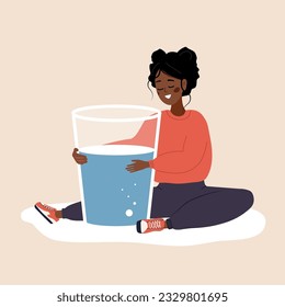 Equilibrio hídrico. Una mujer africana sedienta abraza un gran vaso de agua pura. Rutina matutina. hábito útil, dieta y estilo de vida saludable. Concepto de renovación. Ilustración vectorial al estilo de las caricaturas planas.