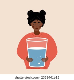 Equilibrio hídrico. Una mujer africana sedienta sostiene un vaso grande de agua limpia. Rutina matutina. hábito útil y estilo de vida saludable. Mantenimiento de la frecuencia diaria en el cuerpo. Ilustración vectorial al estilo de las caricaturas planas.