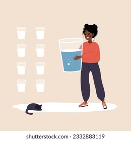 Equilibrio hídrico. Mujer africana sedienta con un gran vaso de agua mineral. Mantenimiento de la frecuencia diaria en el cuerpo. Plantilla de rastreador de agua. hábito y dieta útiles. Ilustración vectorial al estilo de las caricaturas planas.