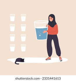 Equilibrio hídrico. Mujer arabia sedienta con un gran vaso de agua mineral. Mantenimiento de la frecuencia diaria en el cuerpo. Plantilla de rastreador de agua. hábito y dieta útiles. Ilustración vectorial al estilo de las caricaturas planas.