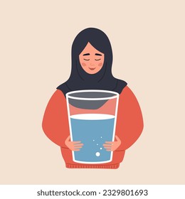 Equilibrio hídrico. Una mujer islámica sedienta sostiene un vaso grande de agua limpia. Rutina matutina. hábito útil y estilo de vida saludable. Mantenimiento de la frecuencia diaria en el cuerpo. Ilustración vectorial al estilo de las caricaturas planas.