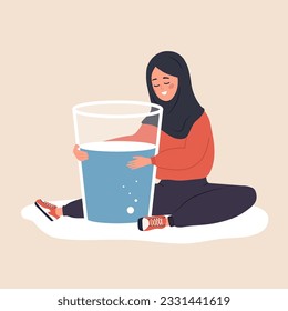 Equilibrio hídrico. Una mujer musulmana sedienta abraza un vaso grande de agua pura. Rutina matutina. hábito útil, dieta y estilo de vida saludable. Concepto de renovación. Ilustración vectorial al estilo de las caricaturas planas.