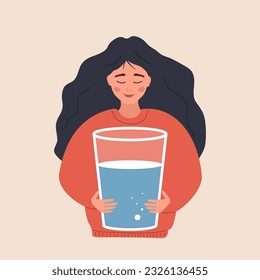 Equilibrio hídrico. La mujer sedienta sostiene un vaso grande de agua limpia. Rutina matutina. hábito útil, dieta y estilo de vida saludable. Mantenimiento de la frecuencia diaria en el cuerpo. Ilustración vectorial al estilo de las caricaturas planas.