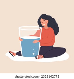 Equilibrio hídrico. La mujer sedienta abraza un gran vaso de agua pura. Rutina matutina. hábito útil, dieta y estilo de vida saludable. Concepto de renovación. Ilustración vectorial al estilo de las caricaturas planas.