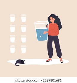 Equilibrio hídrico. Mujer sedienta con un gran vaso de agua mineral. Mantenimiento de la frecuencia diaria en el cuerpo. Plantilla de rastreador de agua. hábito y dieta útiles. Ilustración vectorial al estilo de las caricaturas planas.