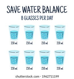 Water balance tracker. 8 glasses per day. Glasses with water. Colored flat vector illustration isolated on white background.