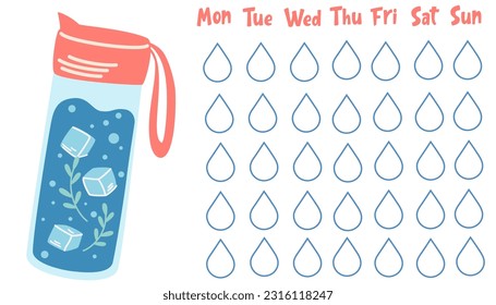 Water balance tracker. Water Bottle Drink more water planner. Flat vector illustration isolated on white background. 