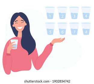 Water balance tracker. Young girl holds a glass of water. Flat vector illustration on a white background.