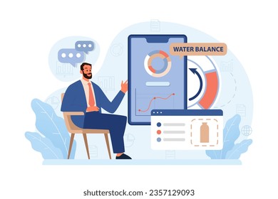 Seguimiento del balance de agua. Estilo de vida activo y saludable. El hábito de estilo de vida moderno para la longevidad y el bienestar físico. Ilustración vectorial plana