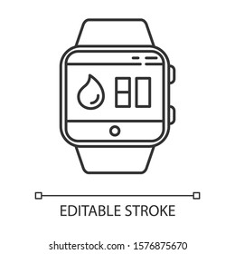 Water balance tracking smartwatch function linear icon. Thin line illustration. Hydration remindings and measurements. Water resistant. Contour symbol. Vector isolated outline drawing. Editable stroke