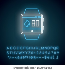 Water balance tracking smartwatch function neon light icon. Fitness wristband. Hydration remindings and measurements. Glowing sign with alphabet, numbers and symbols. Vector isolated illustration