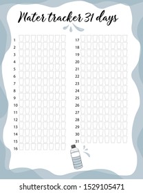 Water balance vector calendar. Water monthly tracker. Water consumption per week and month