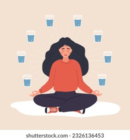 Water balance. Woman in lotus position with glasses of water. Morning routine. Maintaining daily water balance in body. Vector illustration in flat cartoon style.