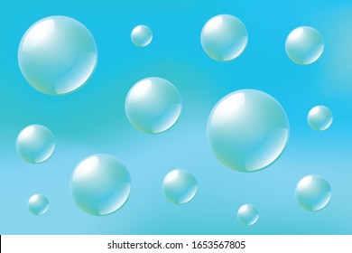 Water balloons, underwater, soap bubbles, vector transparent balls, blue spheres,