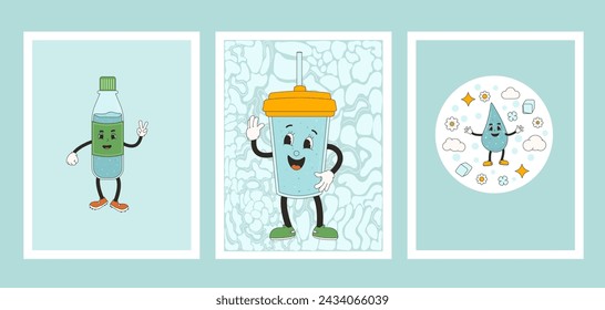 Water banner set . Posters with retro drop characters. World water day Ecology holiday banner with rubber hose mascot. Vector flat illustration.