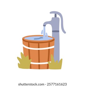 Water barrel with pump outdoors in countryside, farm. Traditional rural garden equipment for aqua storage, supply. Agriculture tool with bucket. Flat vector illustration isolated on white background