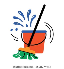 Water basket with mop, flat style icon 


