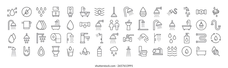 Agua, baño y ducha conjunto de iconos delgados. Trazo Editable. Perfecto para Sitios web, libros, tarjetas, App 