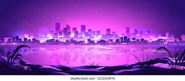 Water bay on shining metropolis background. Colorful horizontal cityscape with skyscrapers.