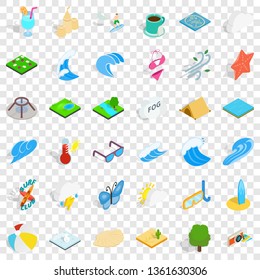 Water in beach icons set. Isometric style of 36 water in beach vector icons for web for any design