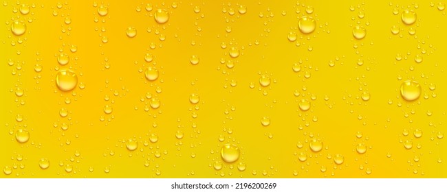 Water or beer condensation droplets on yellow glass background. Rain drops on window, abstract wet texture, cold juice or champagne alcohol beverage in wineglass, Realistic 3d vector illustration