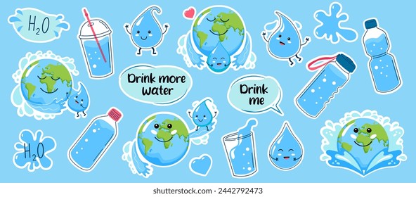 Water big stickers set. Planet Earth, water drop characters, bottle. Sticker pack in cartoon style.