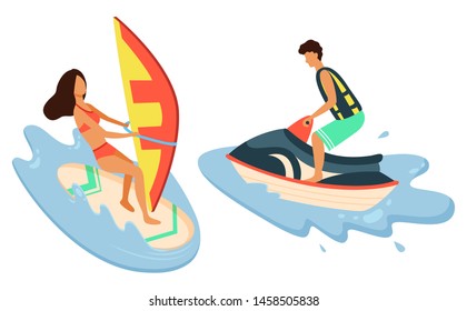 Water bike and girl surfboarder isolated summer sport recreations. Vector beach activities, man and woman isolated surfer on board, sea or ocean water splashes. Flat cartoon. Summertime activity