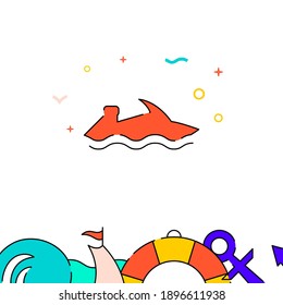 Water bike, jetski filled line vector icon, simple illustration, water safety and watercraft related bottom border.