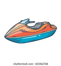 Water bike, scooter hand drawn engraving sketch vector summer voyage cruise transportation illustration. Retro vintage marine transport. Boat symbol on white background.